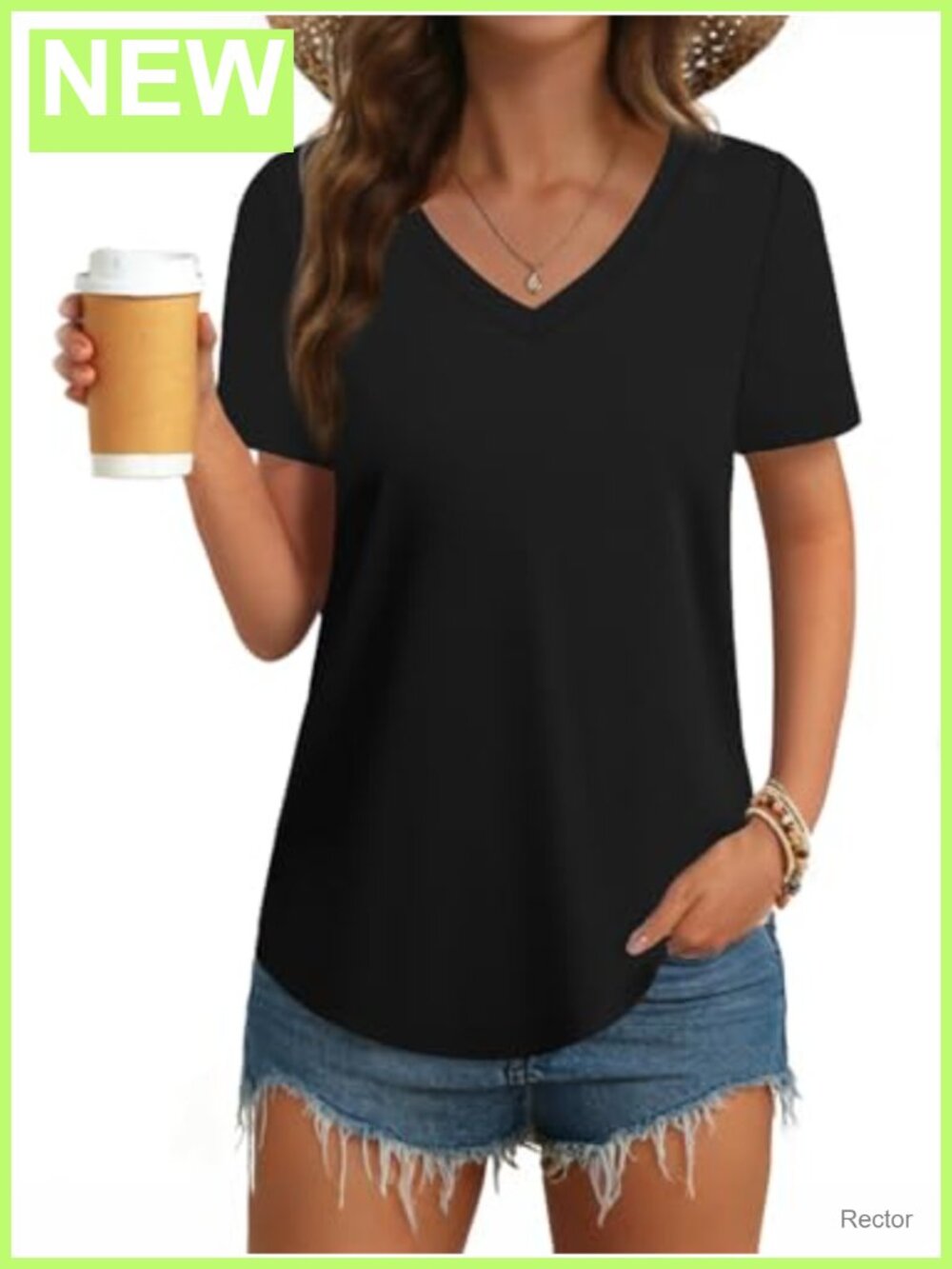 Womens V Neck Short Sleeve Cotton T Shirt Curved Hem Fitted Summer Tee